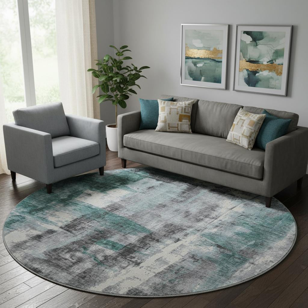 8 Teal Charcoal And Ivory Abstract Washable Round Rug With UV Protection