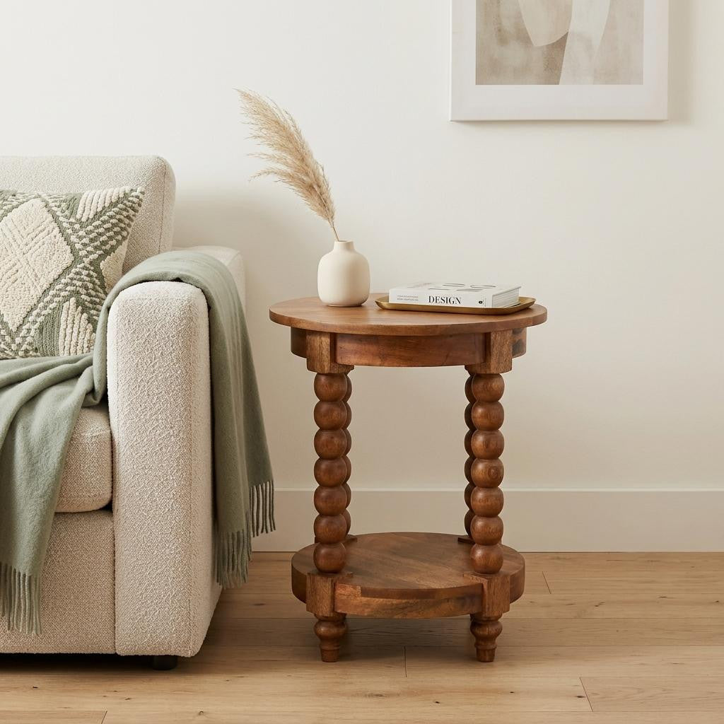 22 Inch Brown Solid Wood Round End Table With Shelf