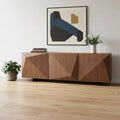 87 Walnut Wood Carved Geometric Buffet Table With Three Doors