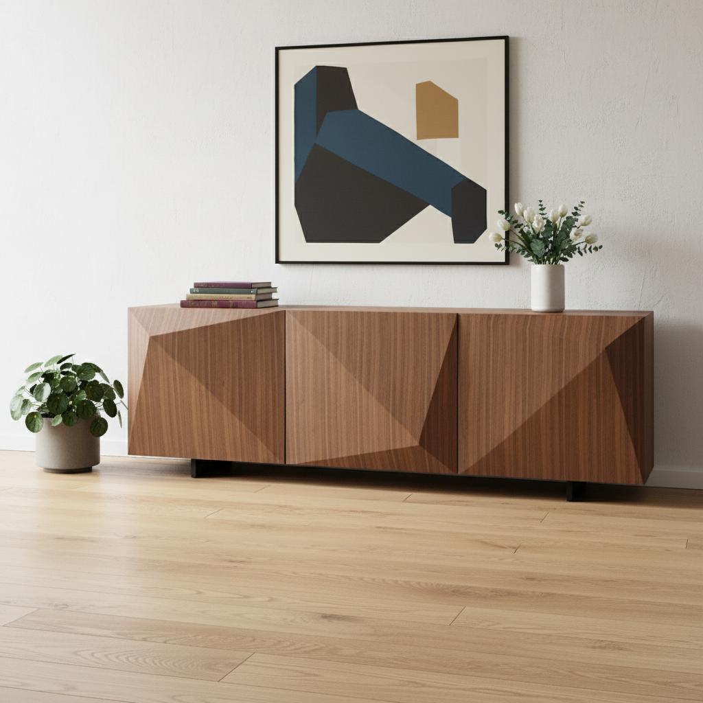 87 Walnut Wood Carved Geometric Buffet Table With Three Doors