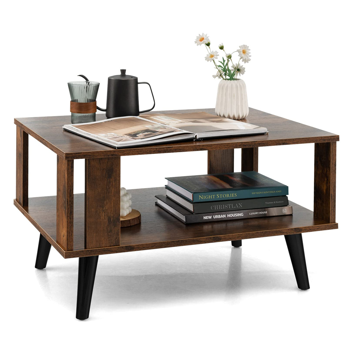 Casart Industrial Coffee Table, 2-Tier Wooden Center Tables With Storage Shelf & Side Protective Baffles, Mid-Century Cocktail Tables Retro Snack Tea Table For Living Room Furniture, Bedroom Office
