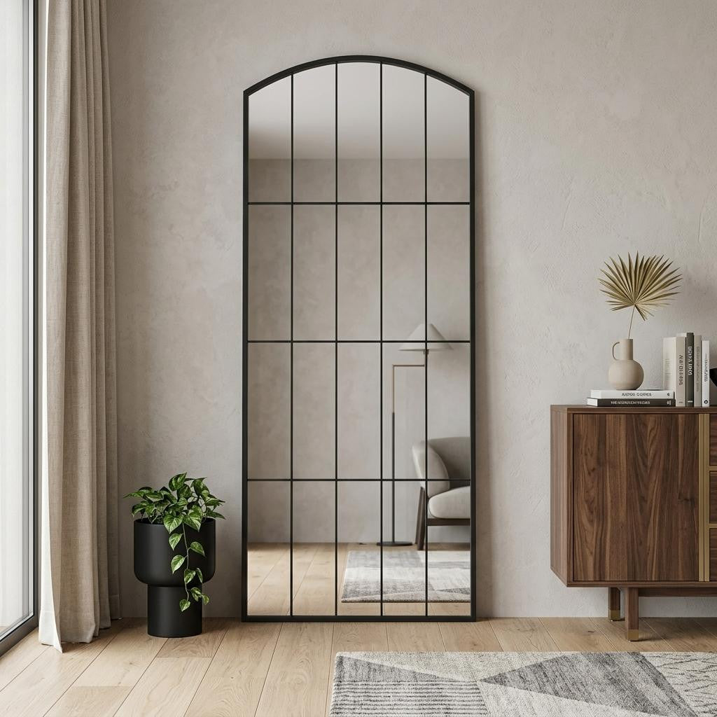 67 Black Metal Geometric Arch Wall Mounted Or Leaning Framed Full Length Mirror