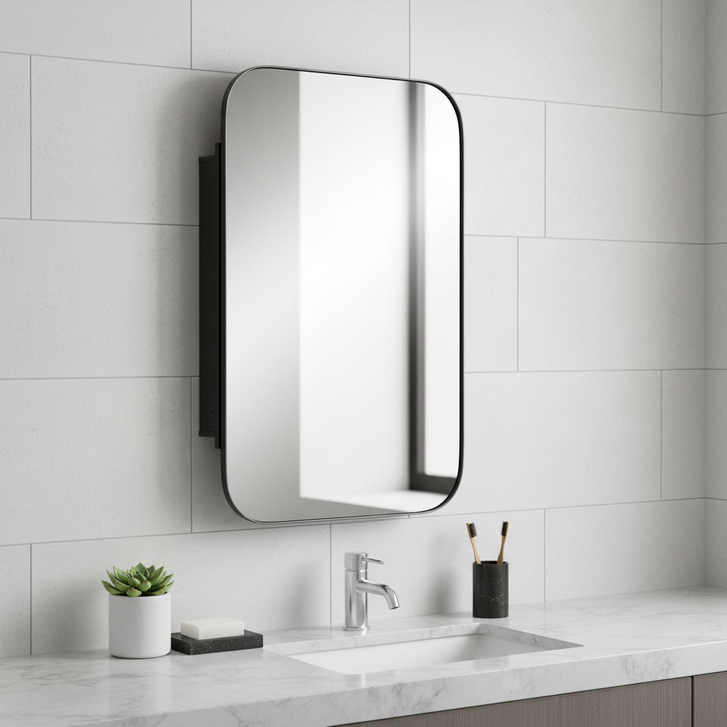 24 Black Metal Framed Bathroom Vanity Mirror With Cabinet
