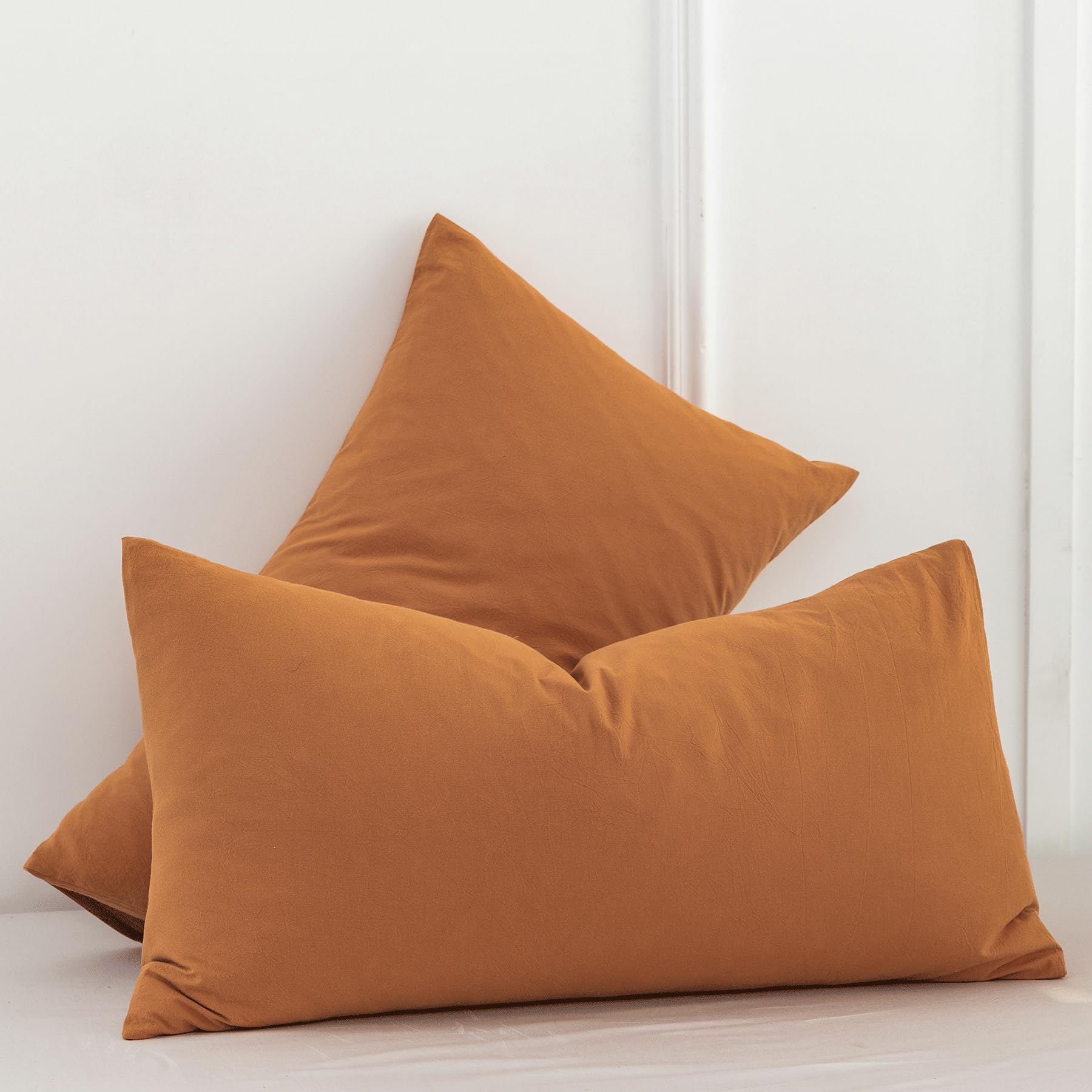 Moomee Bedding Pillowcases Pack Of 2 100% Washed Cotton Linen Like Textured Breathable Durable Soft Comfy (Burnt Orange, King)