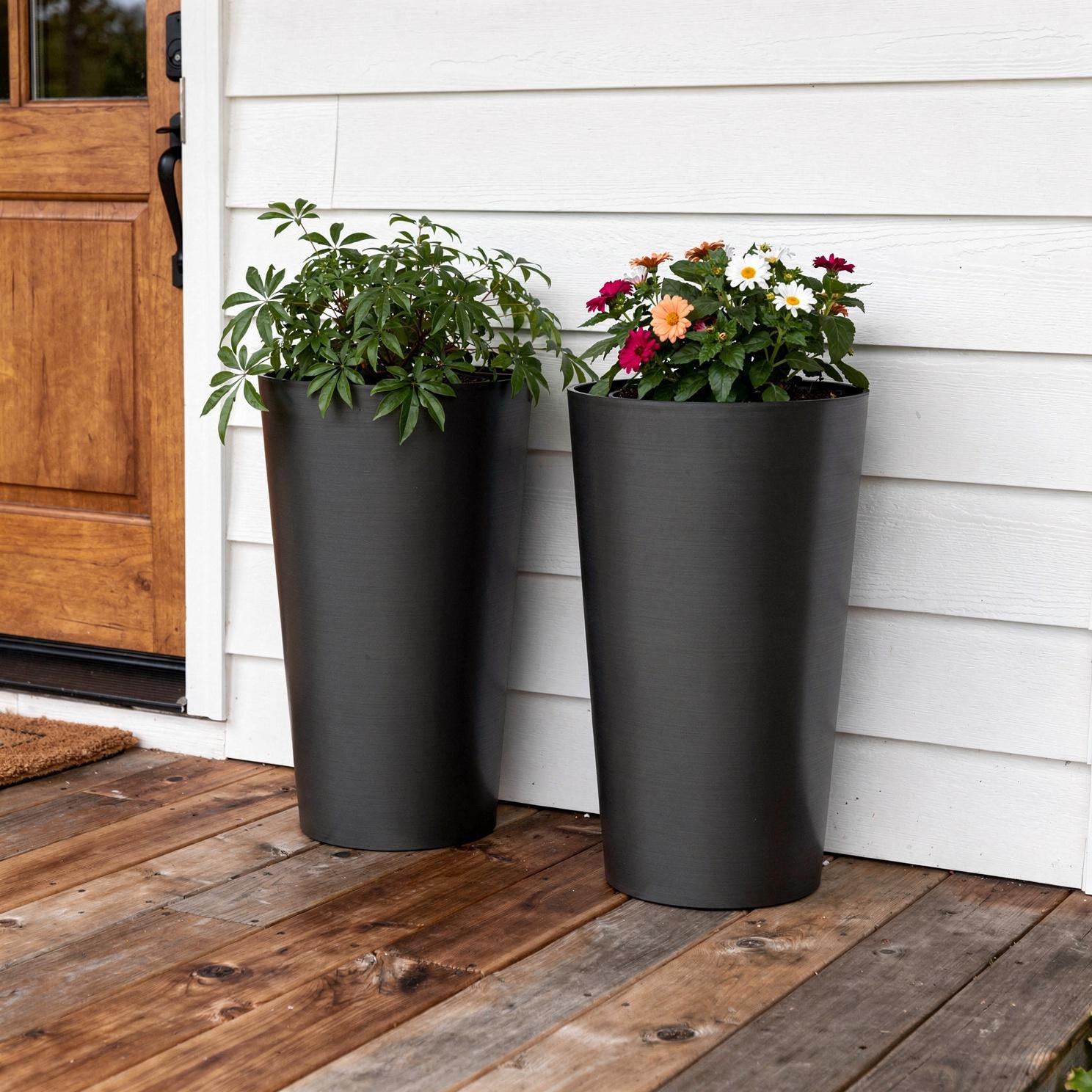Set of Two Black Heavy Duty Plastic Cylindrical Planter Pots