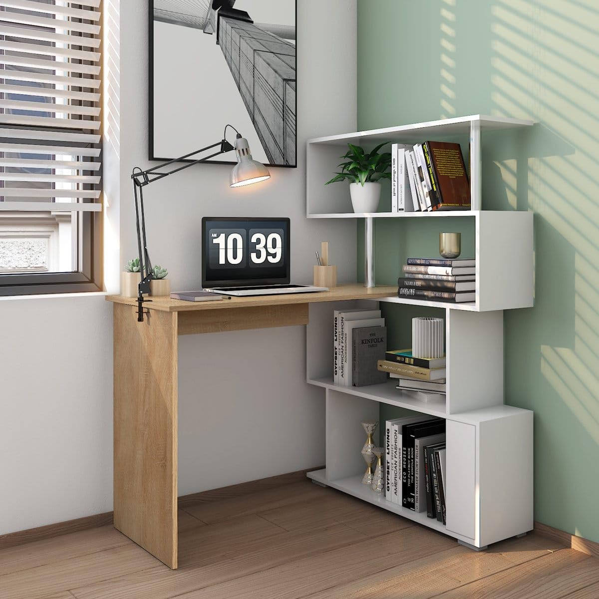 Grand Furnish Engineering Woodlshaped Oak Desk With White Stier Bookshelf