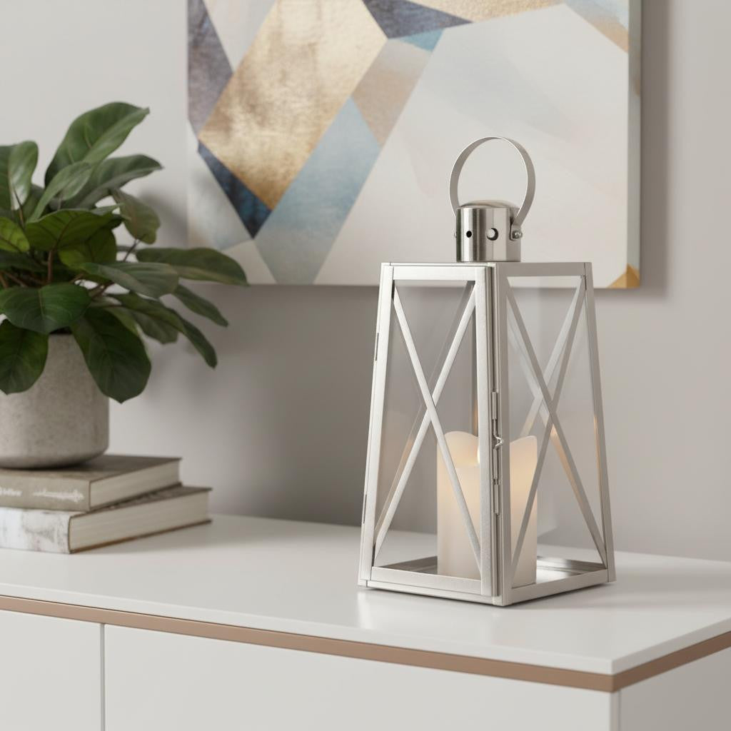 12 Clear And Silver Glass And Stainless Steel Tabletop Lantern Candle Holder