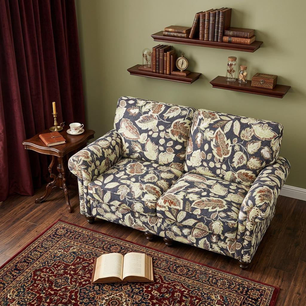 56 Sage Navy Blue And Brown Floral Loveseat