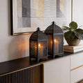 Set of Two Black Metal Filigree Tabletop Lantern Candle Holders