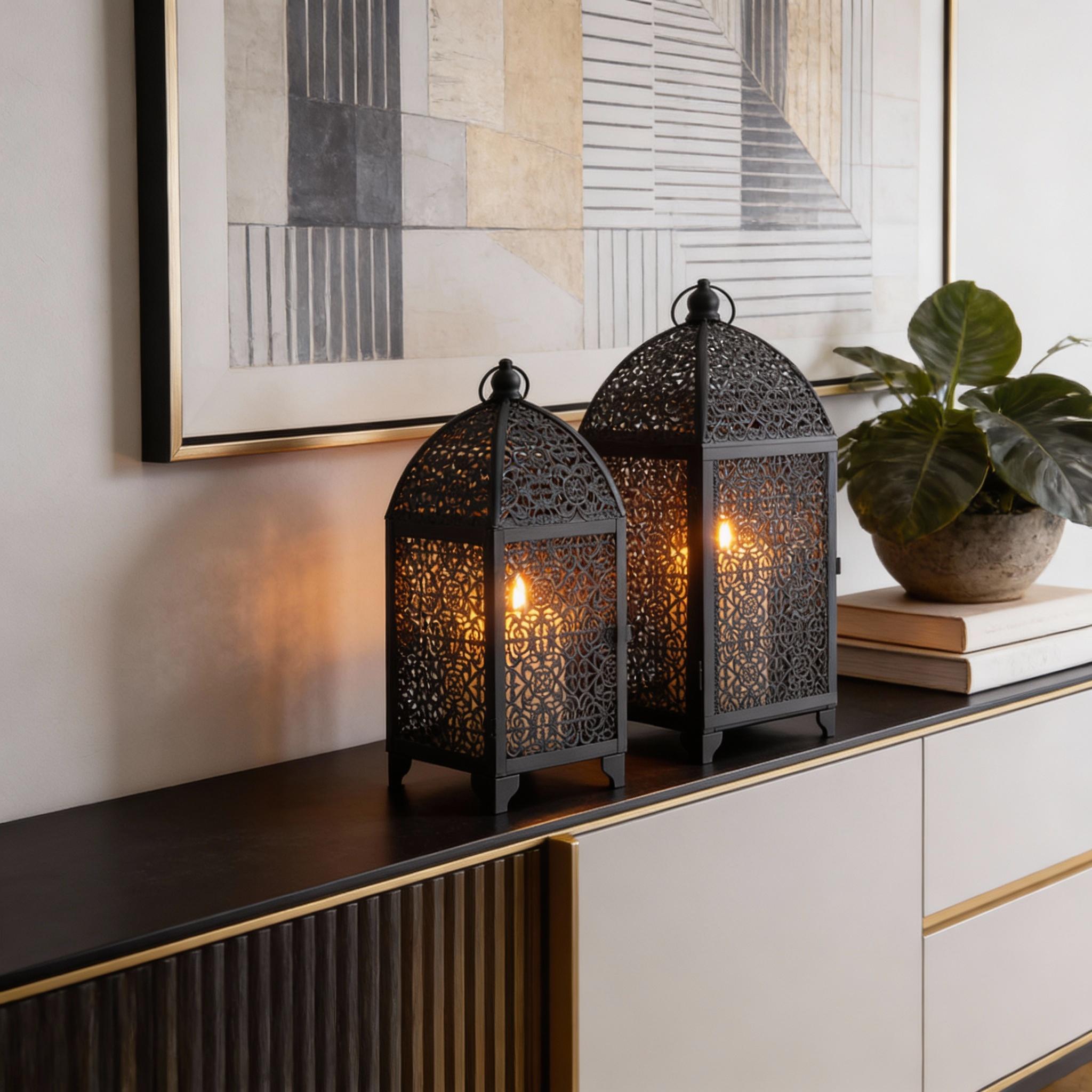 Set of Two Black Metal Filigree Tabletop Lantern Candle Holders