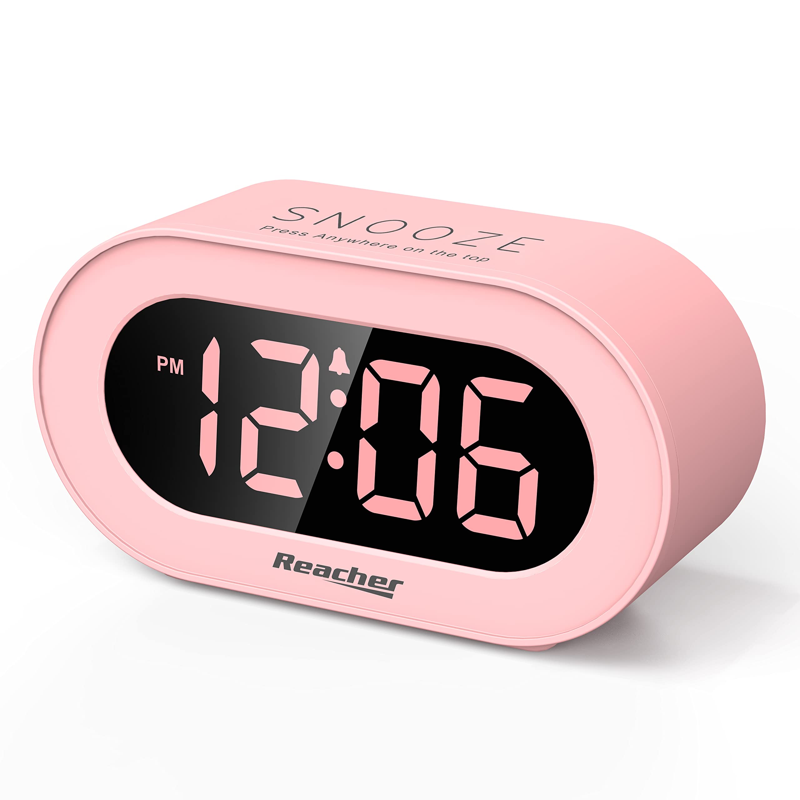 REACHER Pink Girls Alarm Clock for Kids Bedroom, Dimmable LED Digital Display, Outlet Powered, Adjustable Volume, Simple to Use,