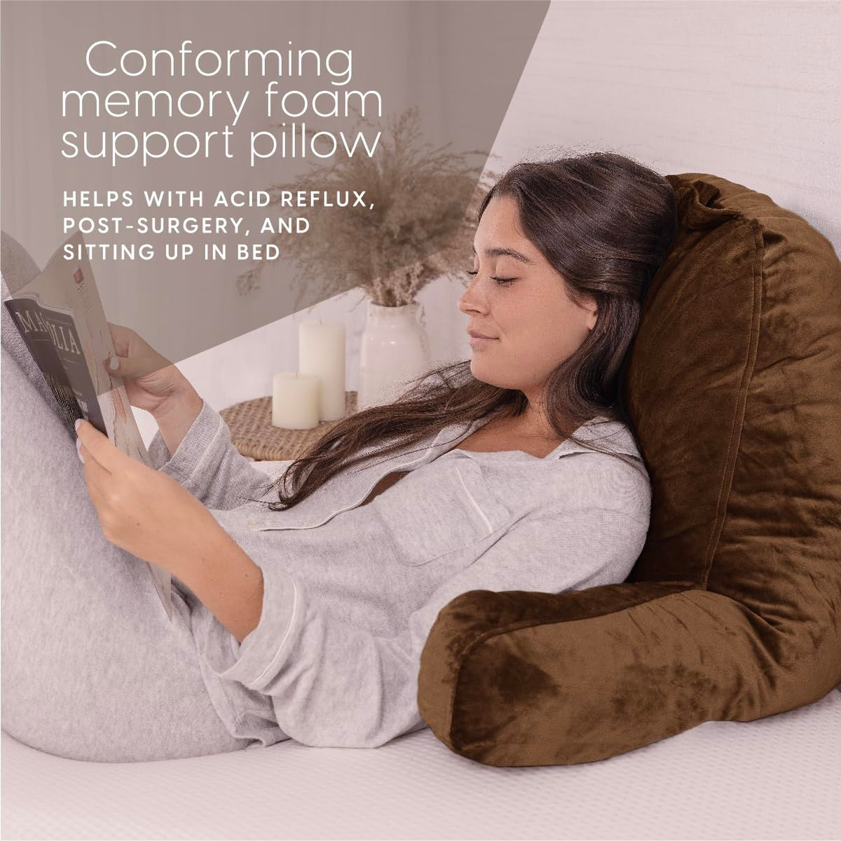 Milliard Reading Pillow With Shredded Memory Foam, Large Adult Backrest With Arms, Back Support For Sitting Up In Bed With Washable Cover (Sit Up Pillow) Brown