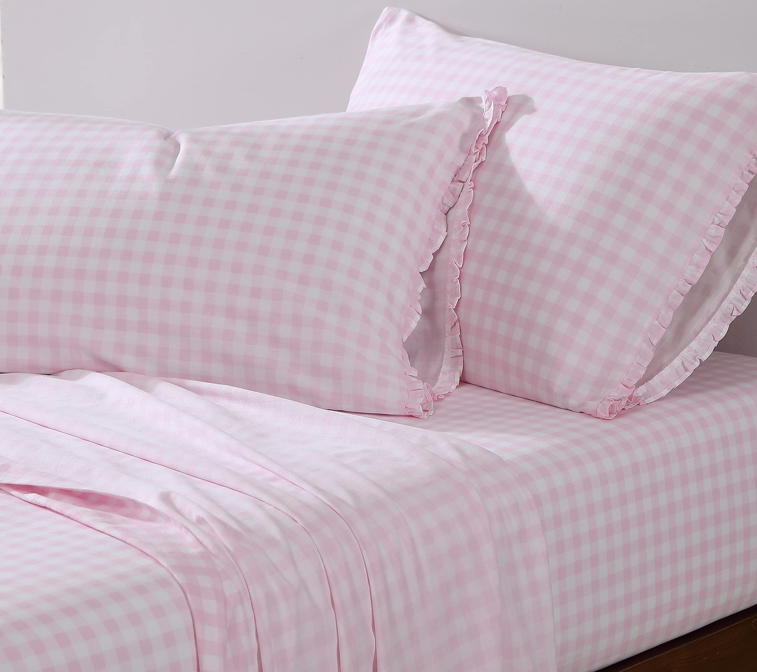 Shabby Chic - King Sheets, Soft & Breathable Organic Cotton Bedding Set, Classic Style Home Decor With Ruffled Pillowcases (Ging