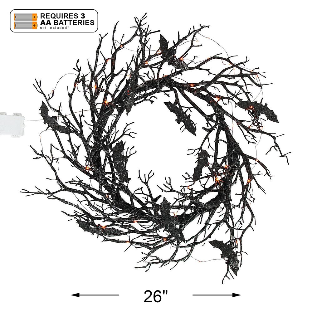 Fun Express Halloween 26'' Light Up Black Bat Plastic Wreath Decoration, Great For Halloween And Gothic Decor, Add Front Door, W