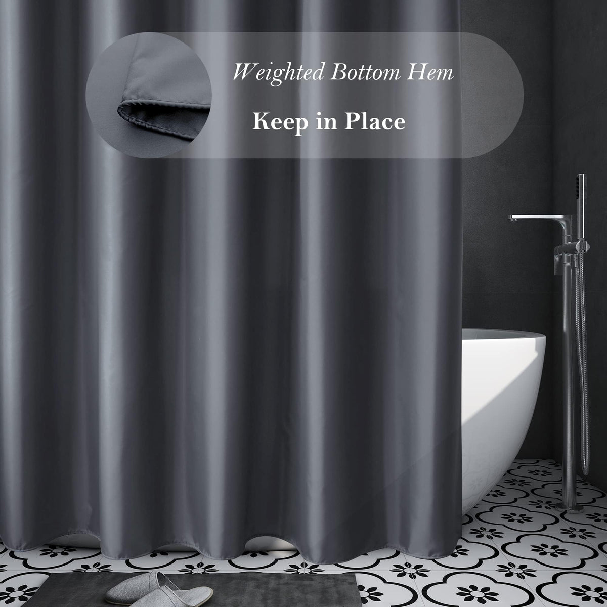 Aoohome Fabric Shower Curtain 54 Width X 72 Height Inch, Solid Color Bath Curtain With Hooks For Hotel, Water Repellent, Dark Gr