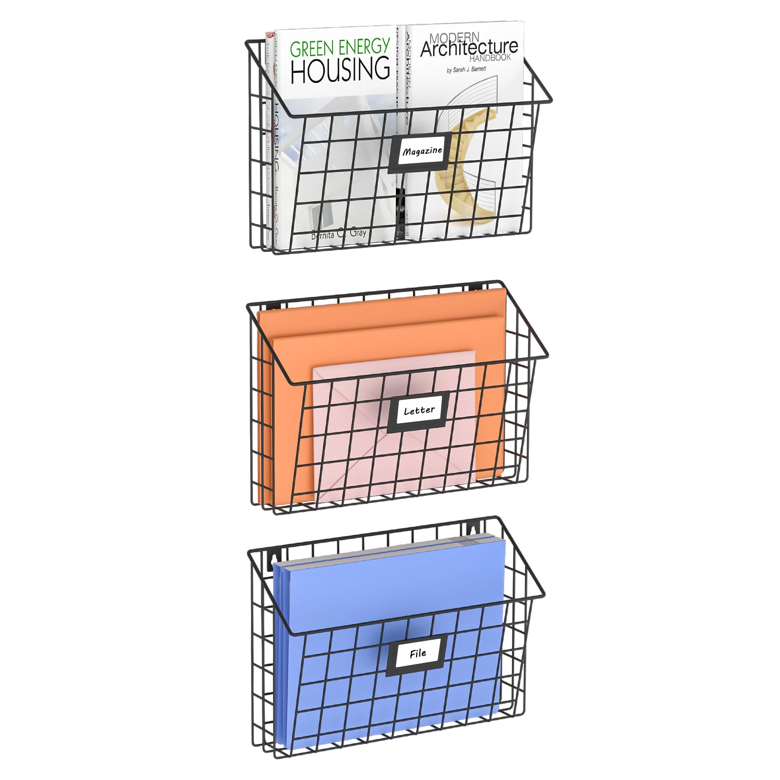 X-Cosrack Stackable Hanging Wall Files Rack&3-Tier Metal Folder Wall File Holder With Tag Slot Mounts On Wall And Door For Offic