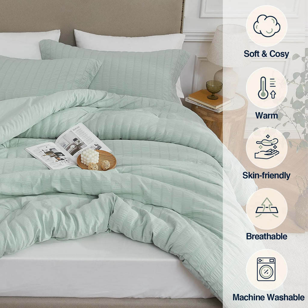 Quataly Sage Green Full Comforter Set - 3 Pieces Seersucker Lightweight Bedding Comforter Sets (1 Soft Fluffy Comforter & 2 Pill