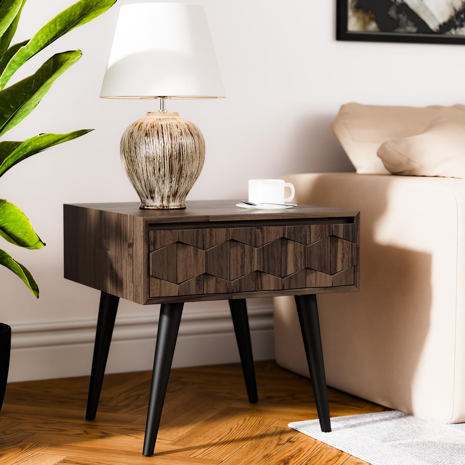 Bme Georgina Solid Wood Mid-Century Modern Side Table with Drawer - Fully Assembled Bedside Table with Rustic Geometric Pattern 