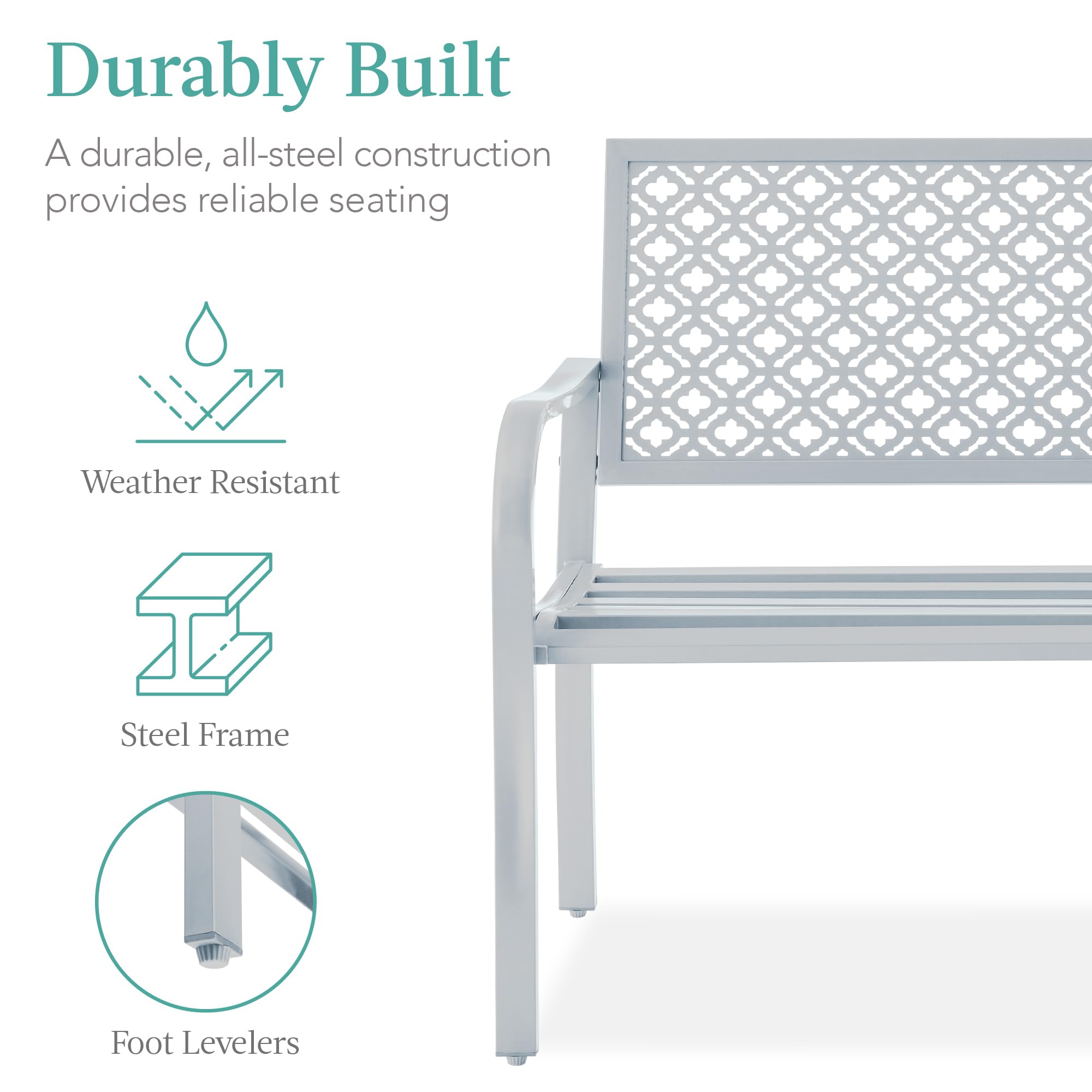 Best Choice Products Outdoor Bench 2-Person Metal Steel Benches Furniture For Garden, Patio, Porch, Entryway W/Geometric Backrest, 790Lb Capacity - Light Gray
