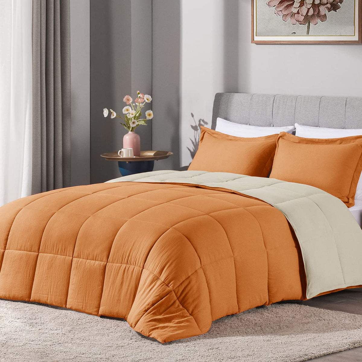 Lovtex 3Pcs Beige Comforter Set King  Ultra Soft Washed Microfiber Comforter King Size Set  Reversible Down Alternative Comfor
