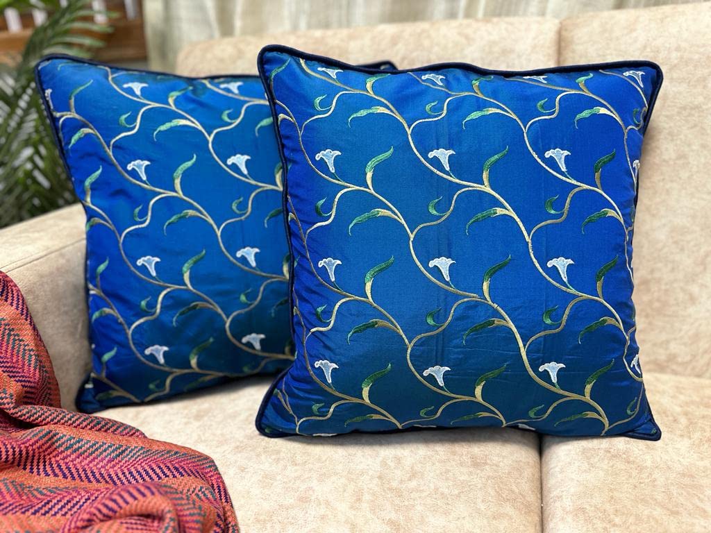 House Of Silko Pure Silk Blue Floral Embroidered Cushion Cover For Interior Decoration (Size16X16) Set Of 2