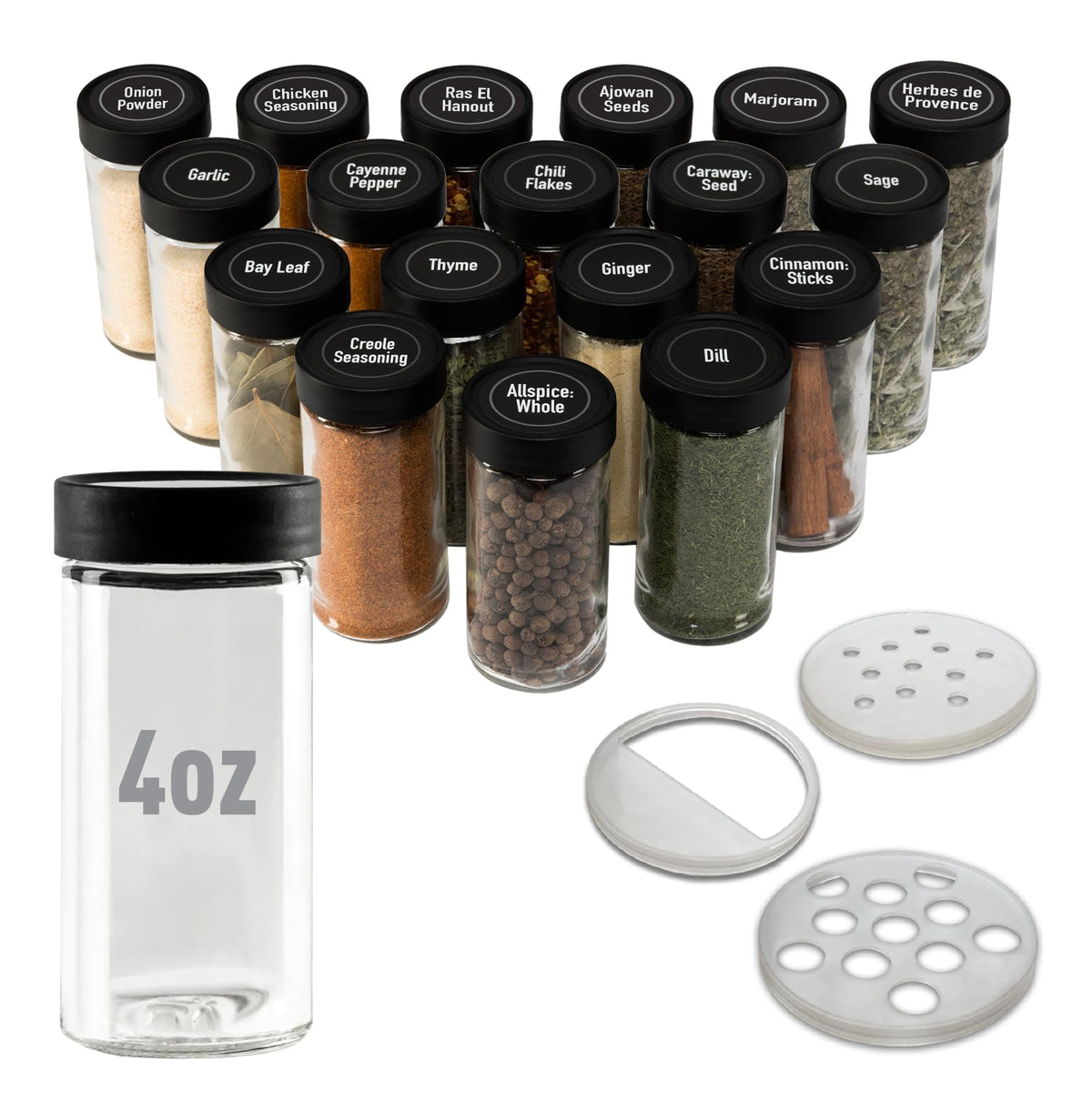 Allspice 4' Glass Spice Jars 4 Fluid Ounces- 18 Pack