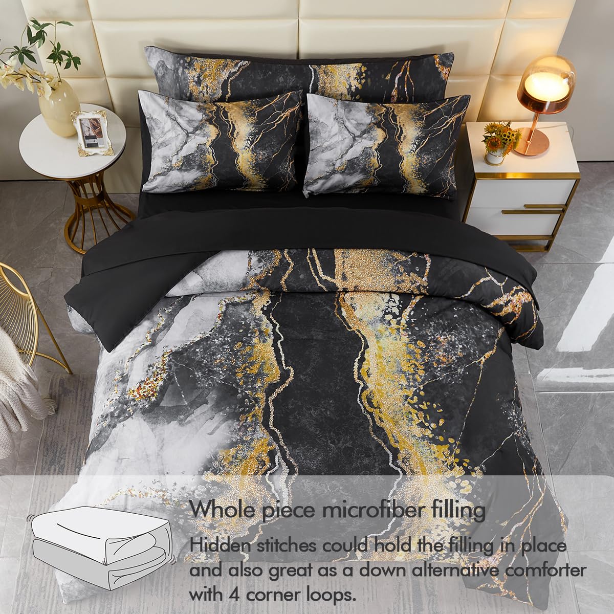 Perfemet 6 Pcs Bed In A Bag Black Watercolor Marble Printed Comforter Set For Queen Bed Burning Mountain Pattern Bedding Set Wit