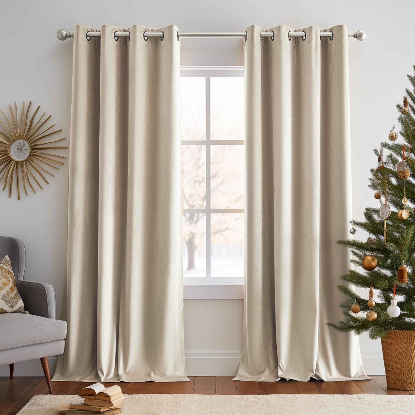 Lazzzy Velvet Curtains Beige Thermal Insulated Curtains 90 Inch Long Drapes For Bedroom Living Room Darkening Noise Reducing Soft Luxury Window Treatments Grommet Curtains 2 Panels Beige