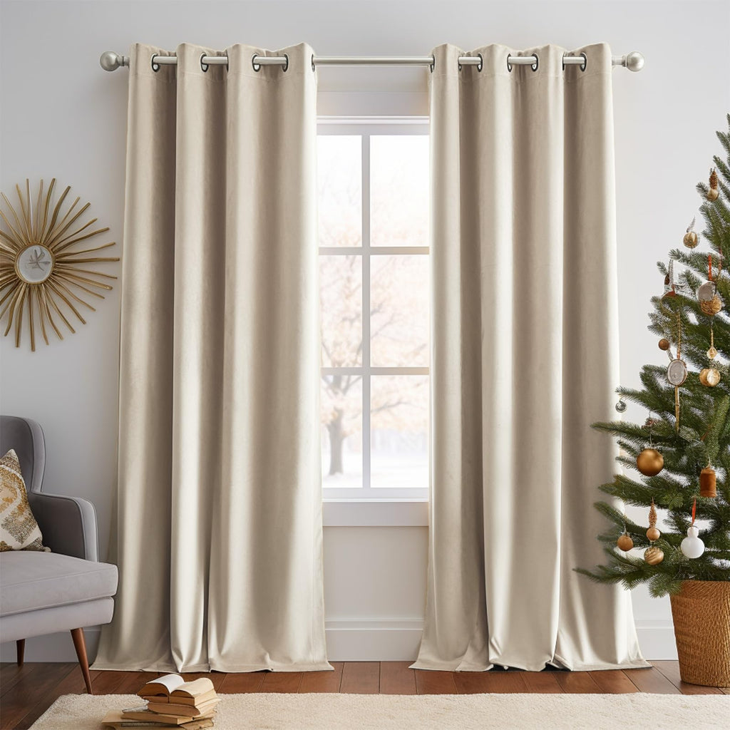 Lazzzy Velvet Curtains Beige Thermal Insulated Curtains 108 Inch Extra Long Drapes For Bedroom Living Room Darkening Noise Reducing Soft Luxury Window Treatments Grommet Curtains 2 Panels Beige