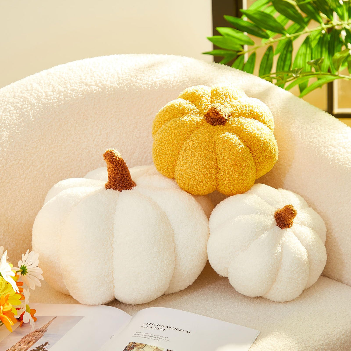 Juexica Halloween Stuffed Pumpkin Fluffy Plush Toy 3D Shaped Decorative Thanksgiving Pillow Soft Cute Throw, 11 Inch, 7 Inch(Whi