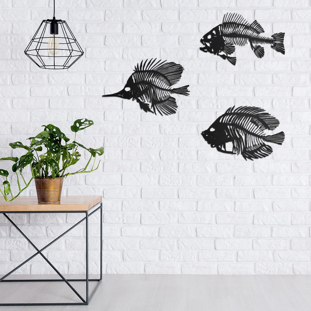 3 Pieces Metal Wall Art Fish Sculpture Hanging Metal Black Fish Bone Rustic Wall Decor Nautical Style Metal Fish Wall Decor For