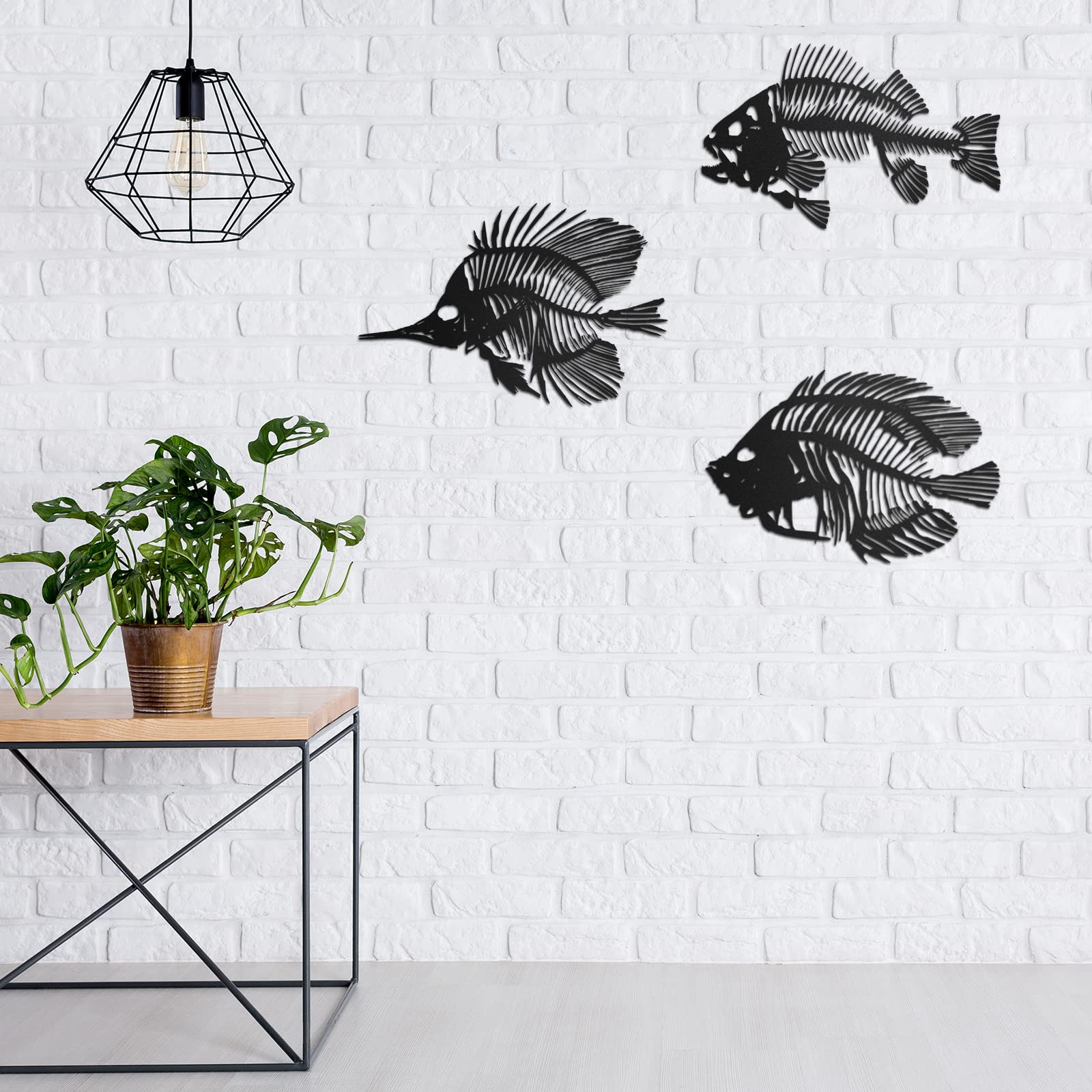 3 Pieces Metal Wall Art Fish Sculpture Hanging Metal Black Fish Bone Rustic Wall Decor Nautical Style Metal Fish Wall Decor For