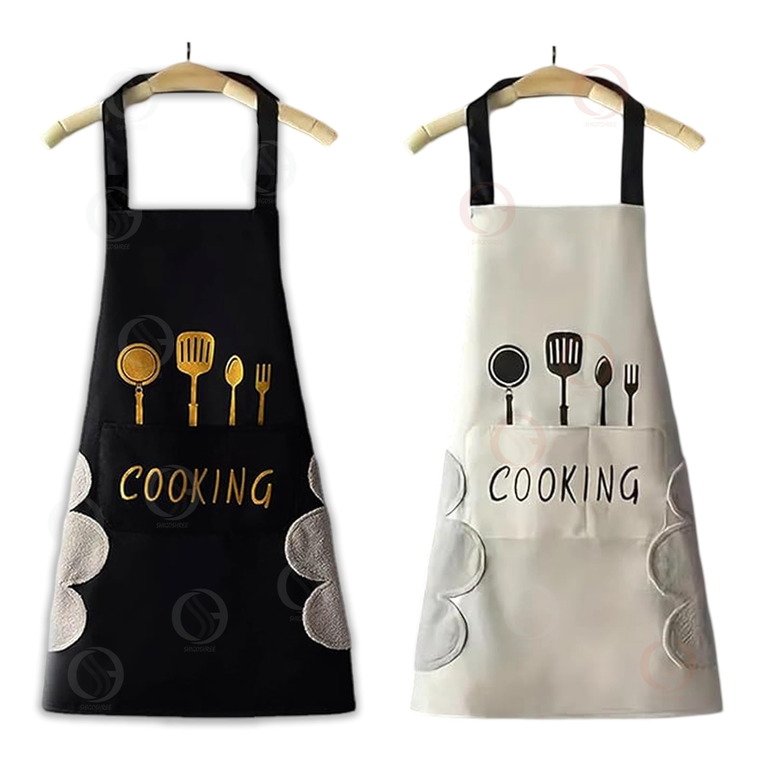 Shigoshree 2 Pieces Kitchen Apron Set With Cooking Printed Design, Waterproof, Front 2 Pocket, Color Black And Beige, (Black & B