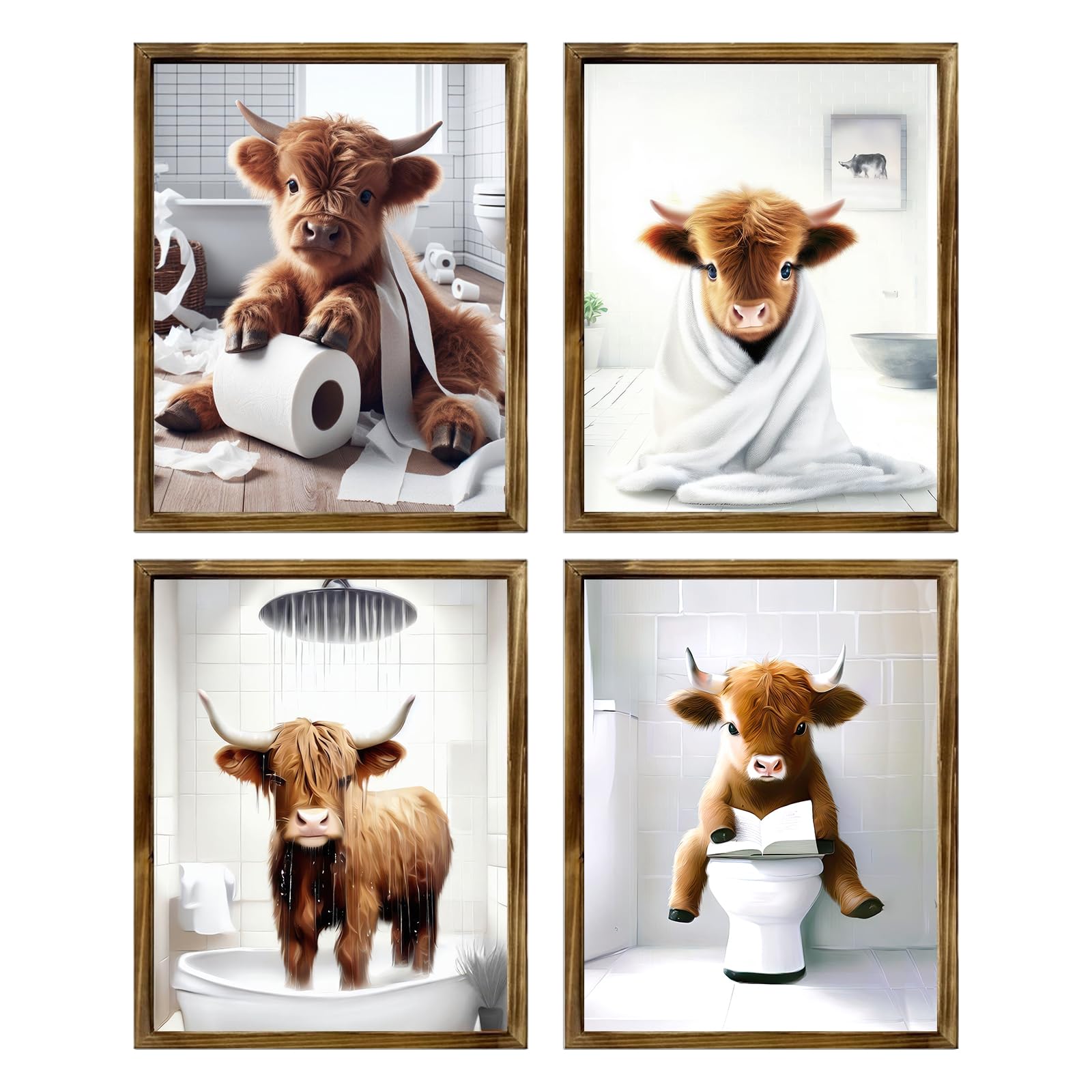 TWNSLLA Highland Cow Funny Bathroom Decor Wall Art,Bathroom Highland Cow Art Prints,Rustic Farmhouse Bathroom Wall Decor,Funny B