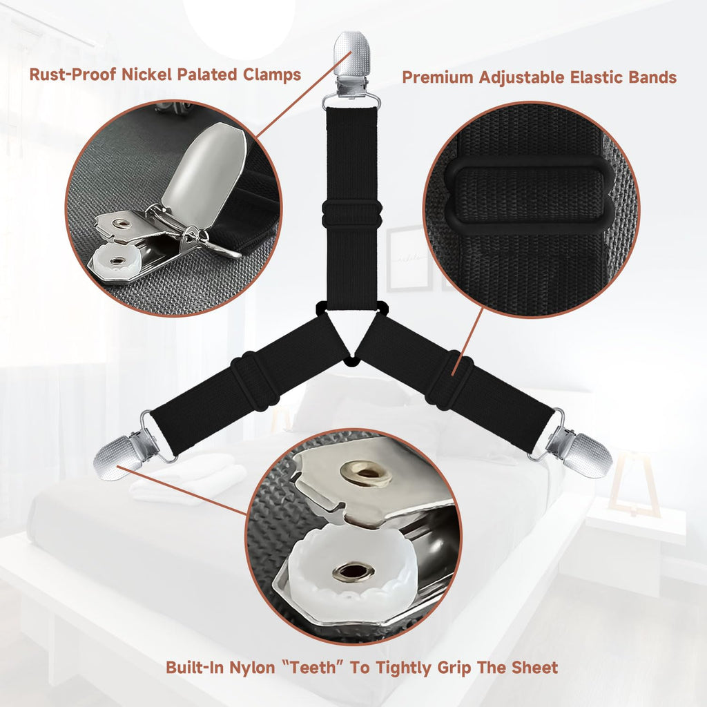 Bozenu Bed Sheet Straps - Non-Slip Fitted Sheet Holders for Corners, Black (4 Pcs) - Upgrade Your Bedding with Secure Clips