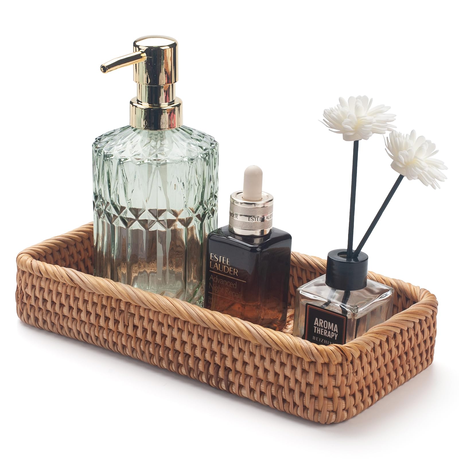 Rattan Bathroom Vanity Trays Toilet Tank Baskets Long Narrow Hand Towel Storage Basket for Storage, Decorative (Natural 10.2 x 4
