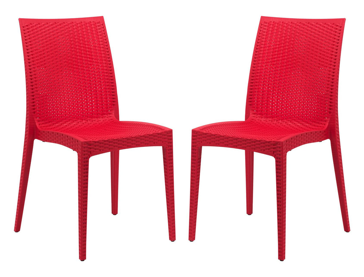LeisureMod Modern Indoor/Outdoor Home Decorative Furniture Weave Mace Dining Chair (Armless), Set of 2 - Red
