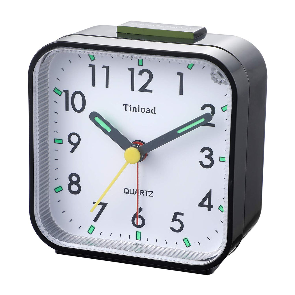 Tinload Small Battery Operated Analog Alarm Clock, Silent Non-Ticking, Black, Snooze, Easy Set Functions