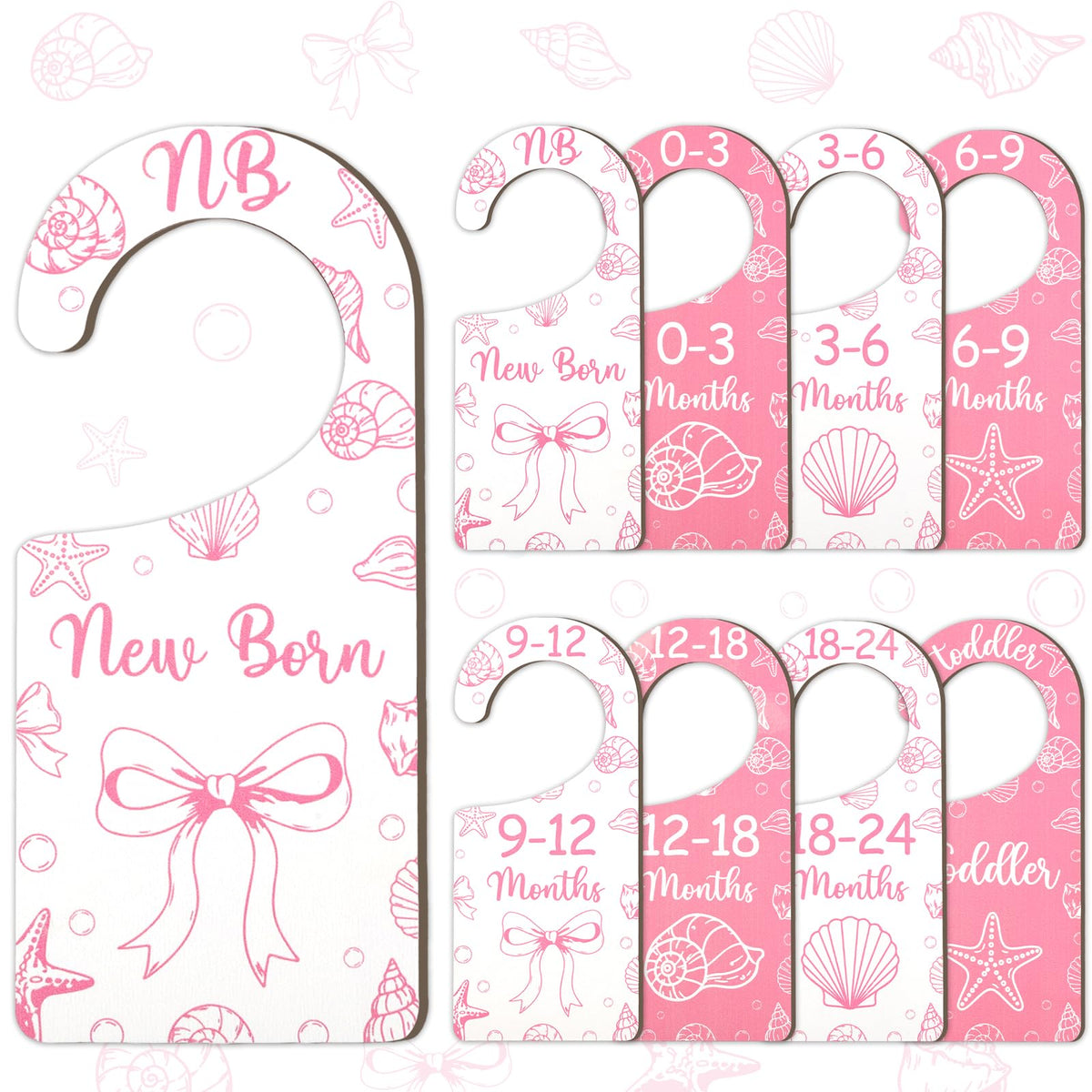 CORNER LACE Baby Closet Dividers 8PCS, Pink Shell & Bows Themed Wooden Double-Sided Clothes Size Hanger/Organizer from Newborn t