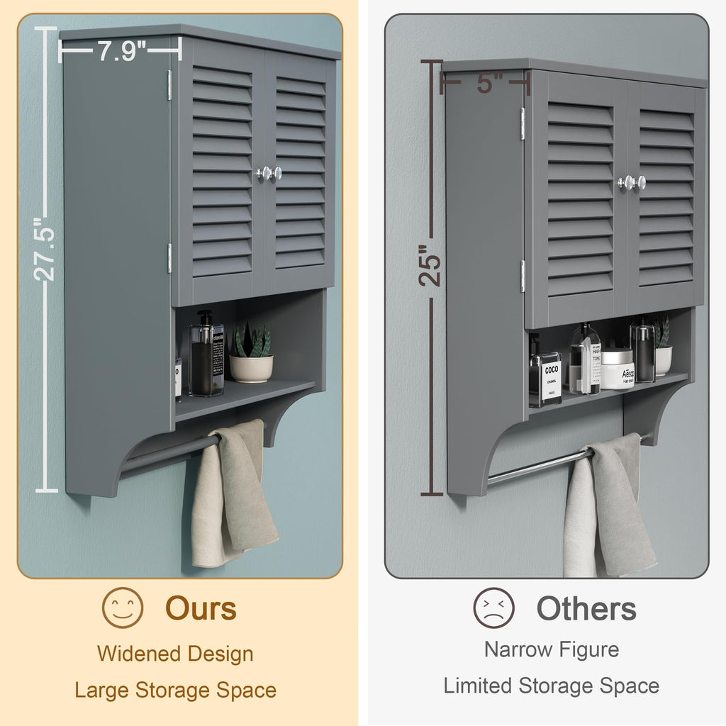 Choochoo Bathroom Wall Cabinet With Towels Bar, 23.6' L X7.9 W X27.5 H Mdf Material Medicine Cabinet, 2 Doors Over The Toilet Space Saver Storage Cabinet With Large Space, Grey