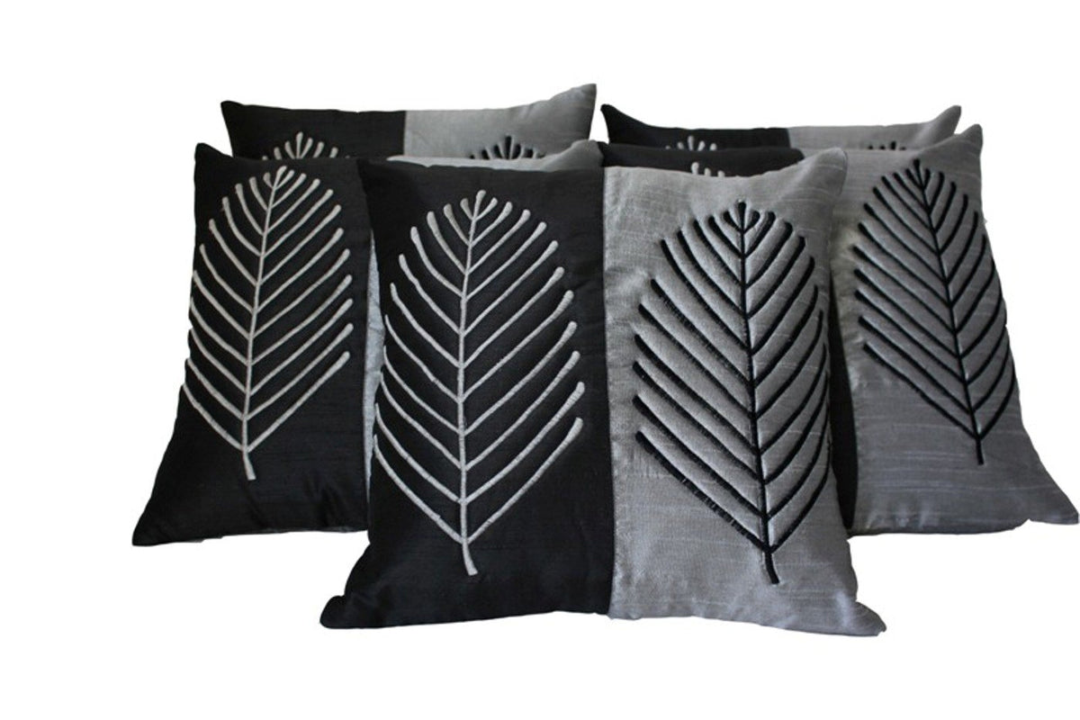 Dekor World 5 Piece Embroidered Leaf Black & Gray Cushion Cover  16 X Inch, Multicolor