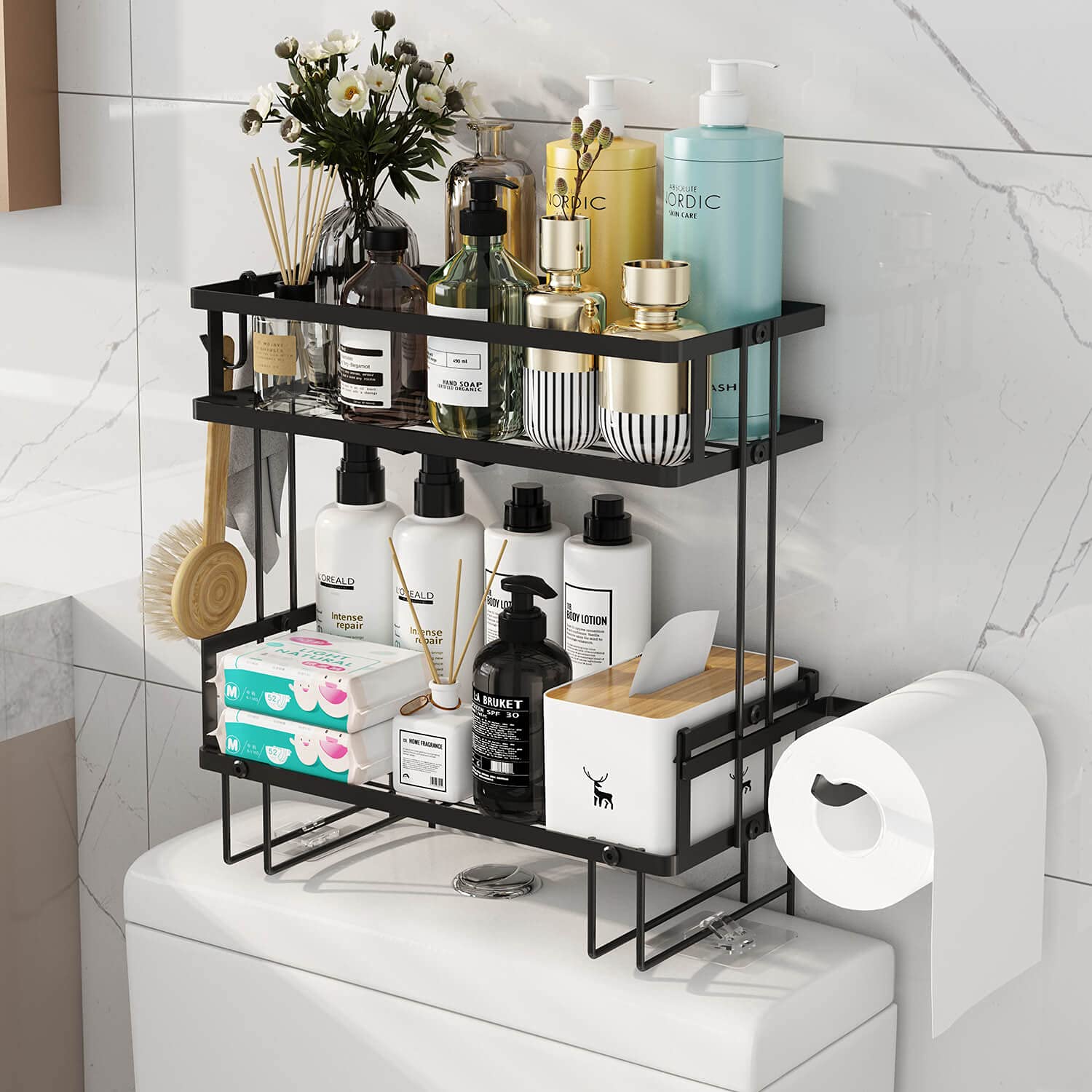 Godboat Bathroom Organizers, 2-Tier Over Toilet Storage, Floating Shelves With 2 Hooks & Paper Holder, Wall Mounted Shelf Furniture, Cool Accessories & Decor, Gifts For Women, Mothers Day (Black)