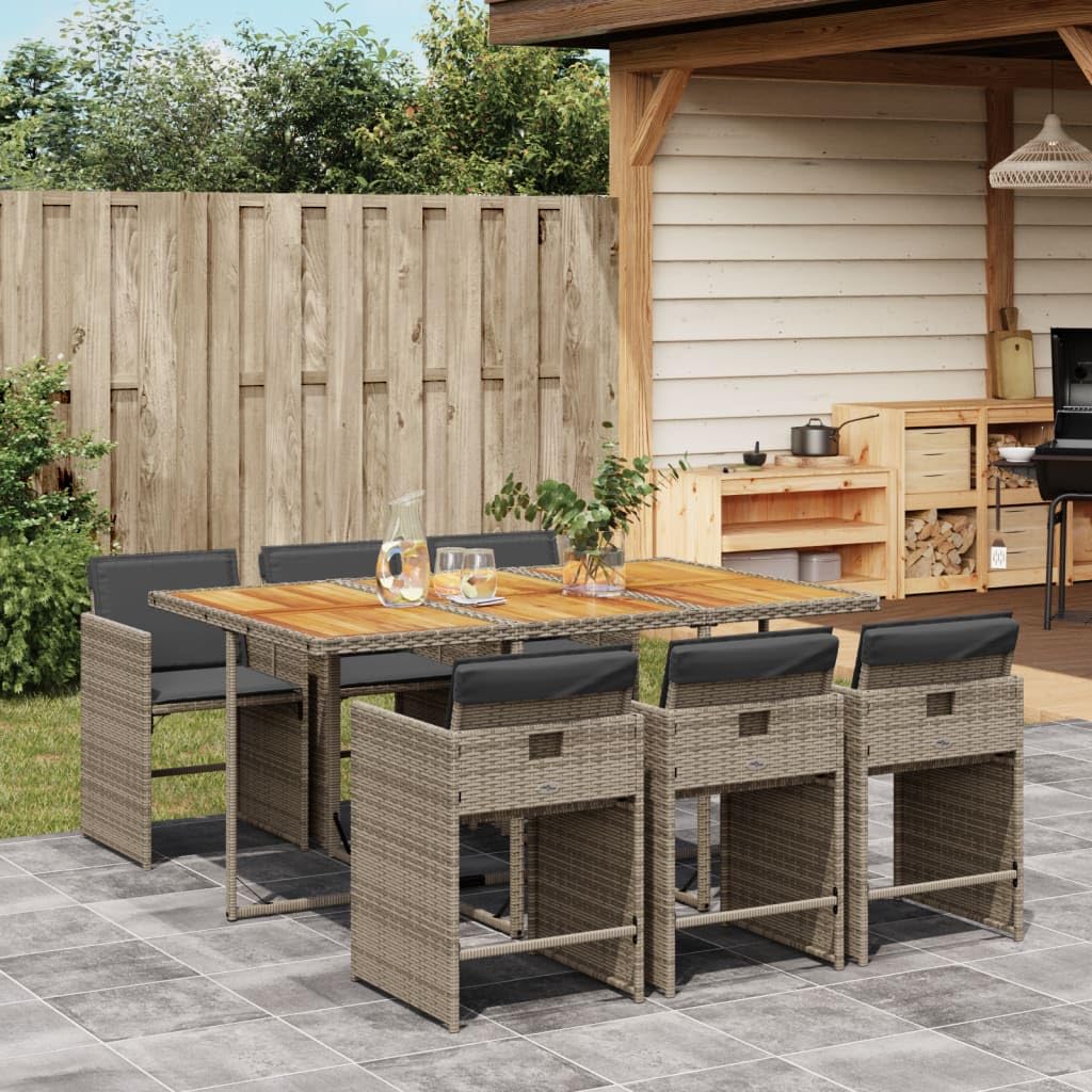 vidaXL Patio Dining Set with Cushions - Outdoor Furniture 7 Piece - Gray Poly Rattan and Acacia Wood for Garden, Backyard, Patio - Removable Covers - Compact Storage