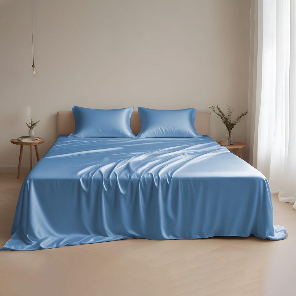 Linenwalas Eucalyptus Silk Tencel Sheets Set Queen Size 4Pc - Blue Bedding Lyocell 16'' Deep Pocket Sheets - Soft Breathable & C