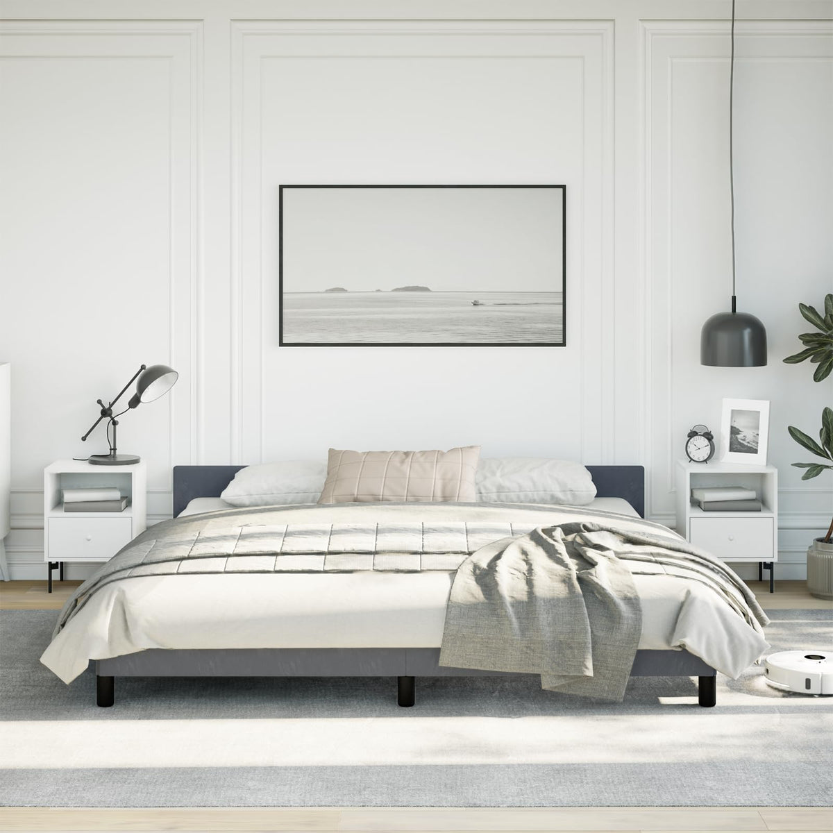 vidaXL Velvet Bed Frame Platform Bed, Scandinavian Style/Slats Support/No Box Spring Needed/Without Mattress/Easy Assembly, Dark Grey King Bed