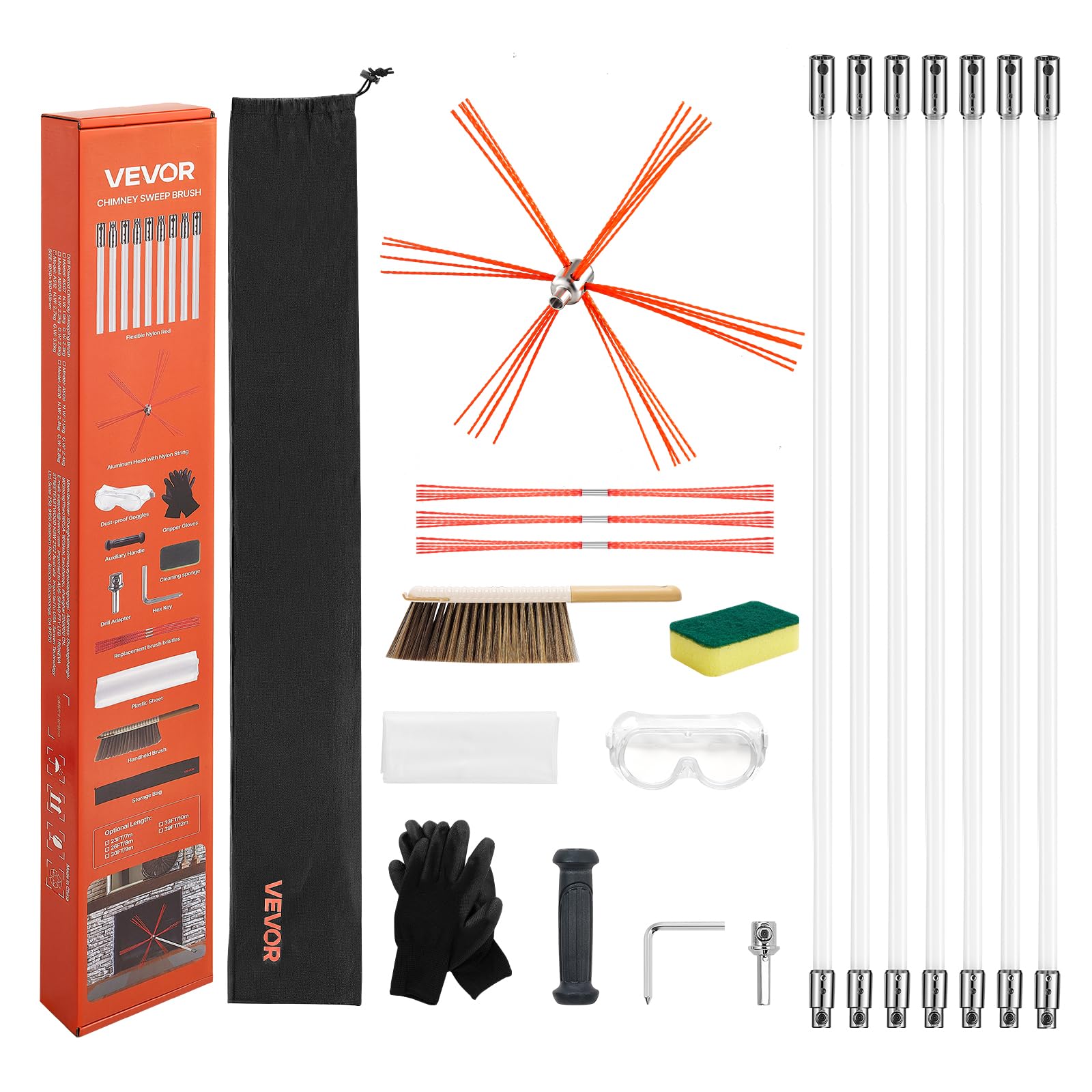 VEVOR Chimney Sweep Kit, 23 ft Maximum Extendable Length Chimney Brush, Chimneys Cleaning Kit with Bristle Replacements & Goggle