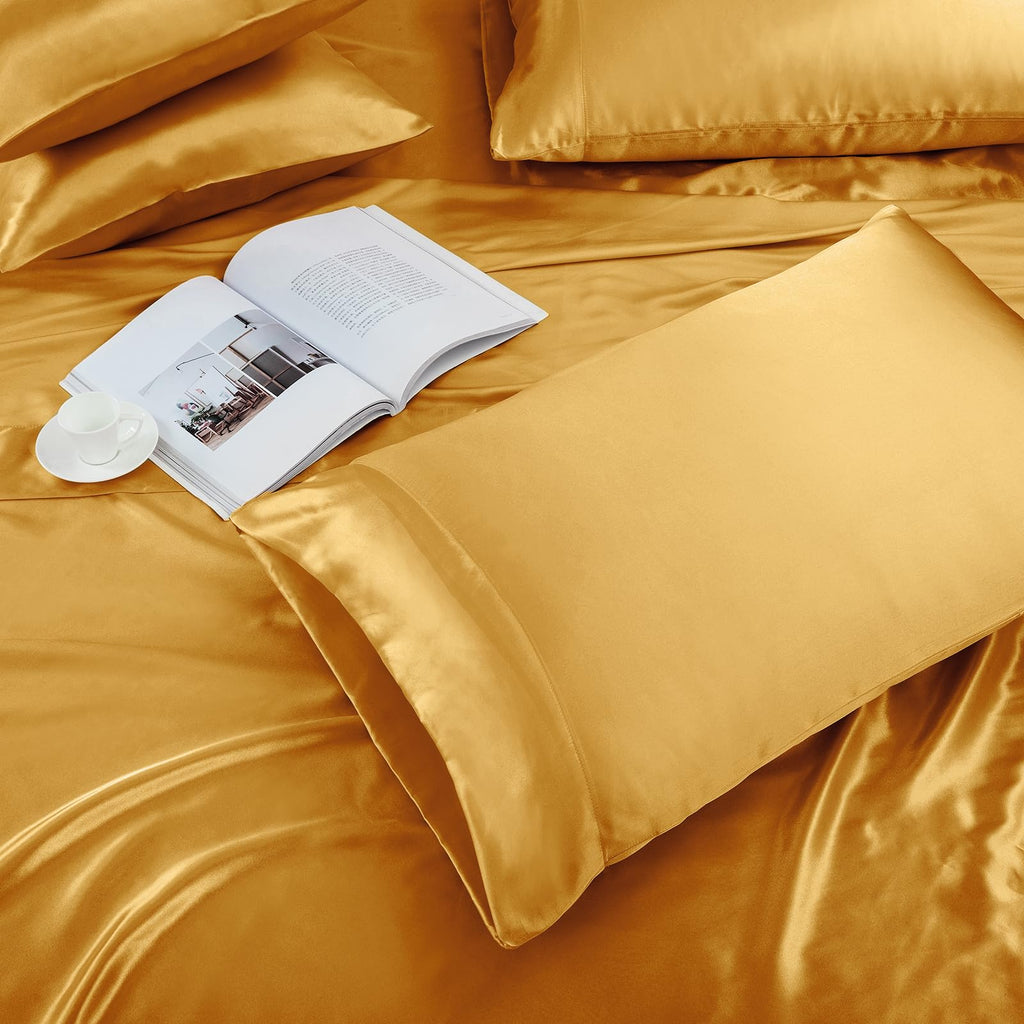 Treely 4 Piece Satin Sheets Twin Size Silky Smooth Gold Satin Sheet Set With Deep Pocket, Satin Fitted Sheet, Flat Sheet, 2 Sati
