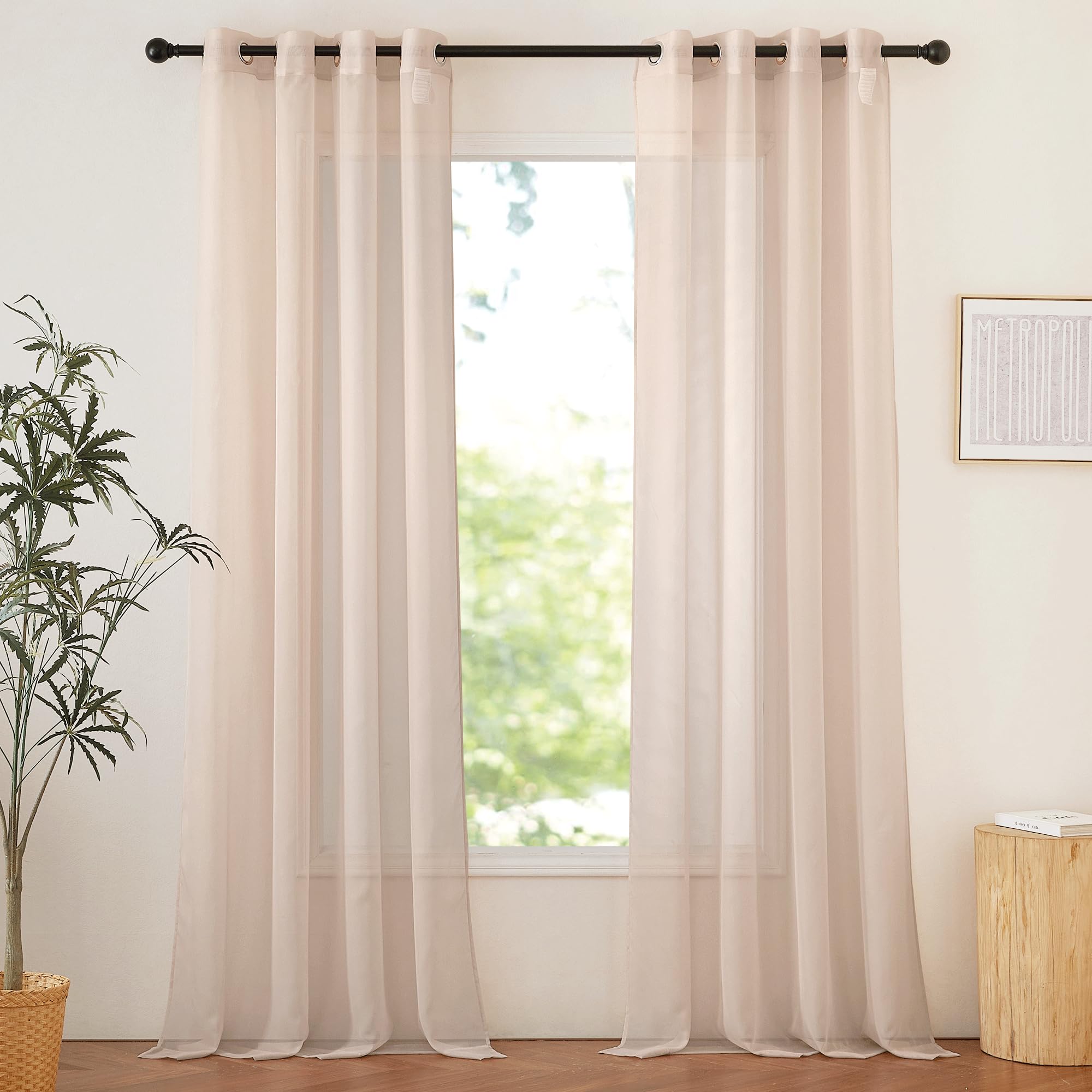 Nicetown Taupe Sheer Curtains 90 Inches Long, Grommet Airy & Elegant Light Filtering Soft Sheer Lightweight Window Treatment For