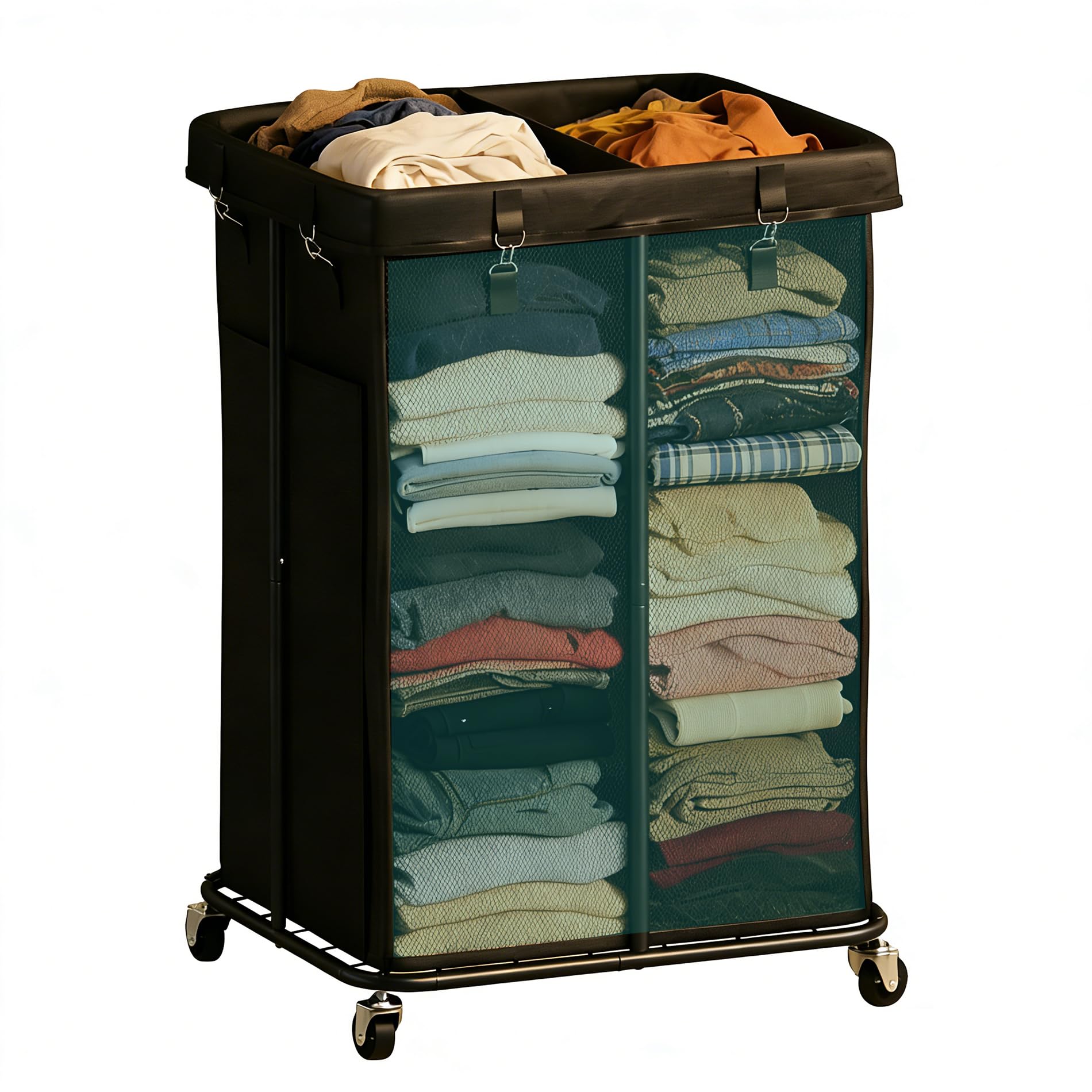 Laundry Hamper with Wheels, Rolling Laundry Basket with Metal Frame and Removable Bag, Double Laundry Hamper 2 Section, Large & 