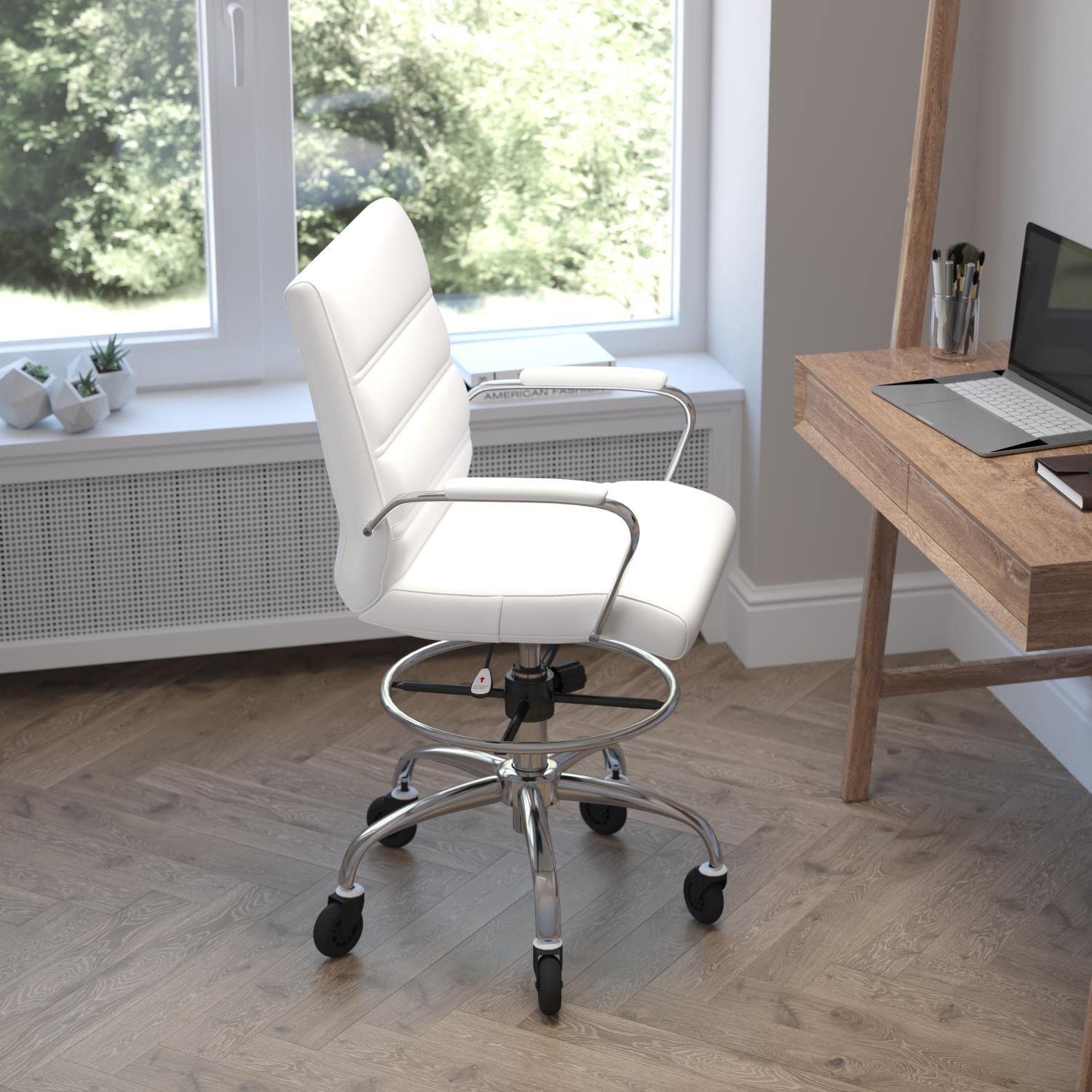 Flash Furniture Lexi Mid-Back Drafting Chair With Adjustable Foot Ring-Leathersoft Upholstery-Chrome Base-Roller Wheels, 24&Quot; Dx21.5 Wx48-40 H, White